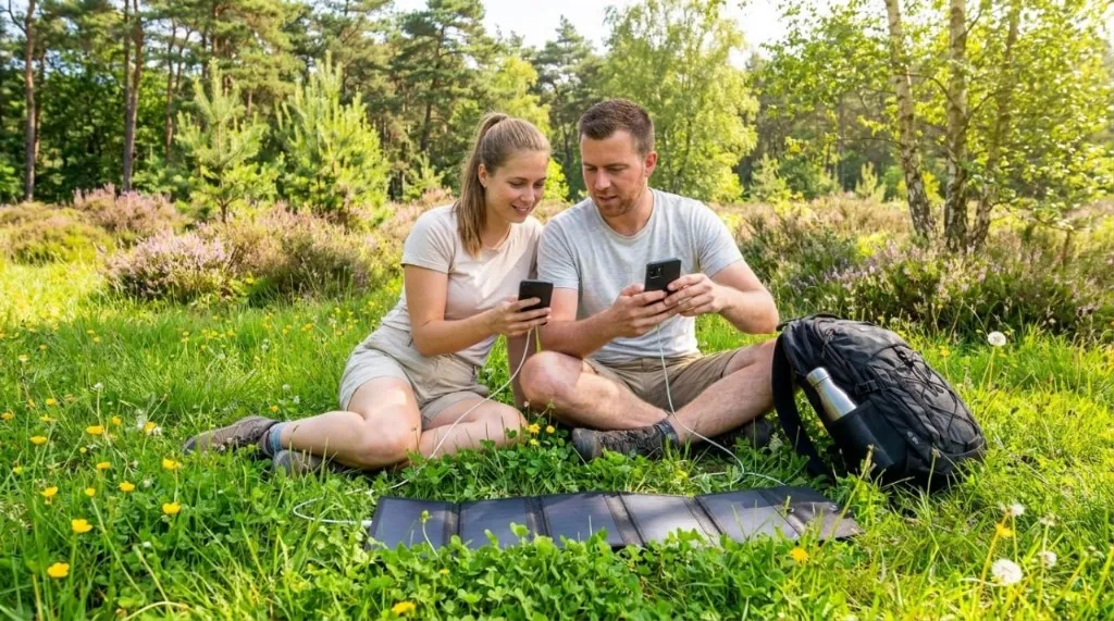 Een koppel laadt smartphones op met zonnepanelen op een weide