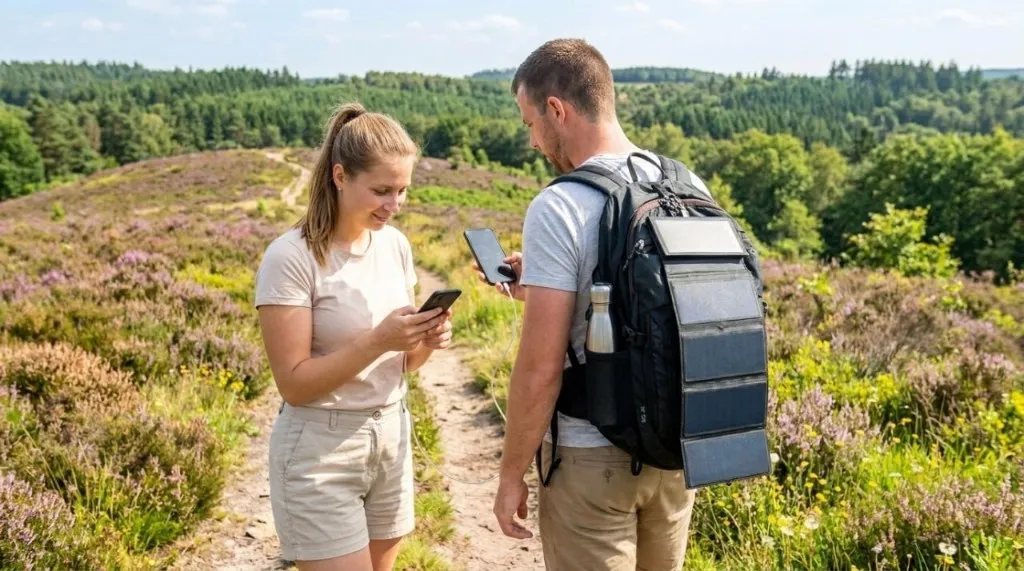 Wandelaars met zonnepanelen aan de rugzak in de Hoge Kempen
